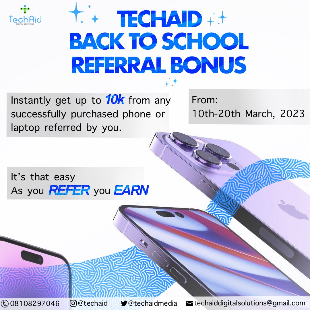 TechAidMedia's tweet image. TECHAID REFERRAL BONUS ✨📱💻

Refer a customer to successfully purchase a phone or laptop and EARN UP TO 10k commission on each sale
Bonus ends on the 20th.

📩 DM to order or 📞 Call/WhatsApp 08108297046

#TechAid #UKused #phones #iphone #Laptop #hp #dell #macbook #phone #Lagos