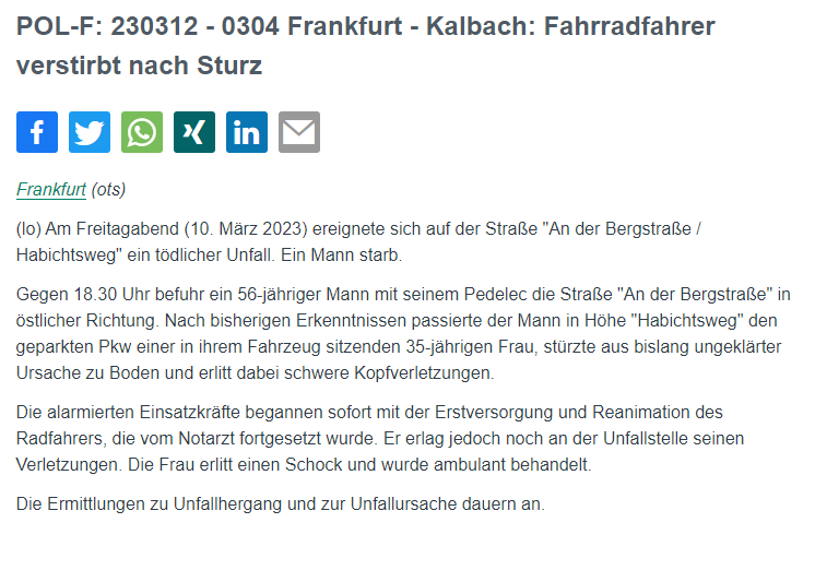 Polizei_Ffm's tweet photo. ⚠️ #Zeugensuche ⚠️ - RT 🔄
#Frankfurt #Kalbach
📅 Freitag 10.03.2023
⌚ 18:30 Uhr
📍 #AnDerBergstraße Höhe #Habichtsweg
Ein 56-Jähriger kommt mit seinem Fahrrad zu Fall und verstirbt an den Folgen seiner Verletzungen.
Hinweise: 069/755-11400
ℹ️⤵️
https://t.co/zXxn3pufc9 https://t.co/0JZQdkiXHj