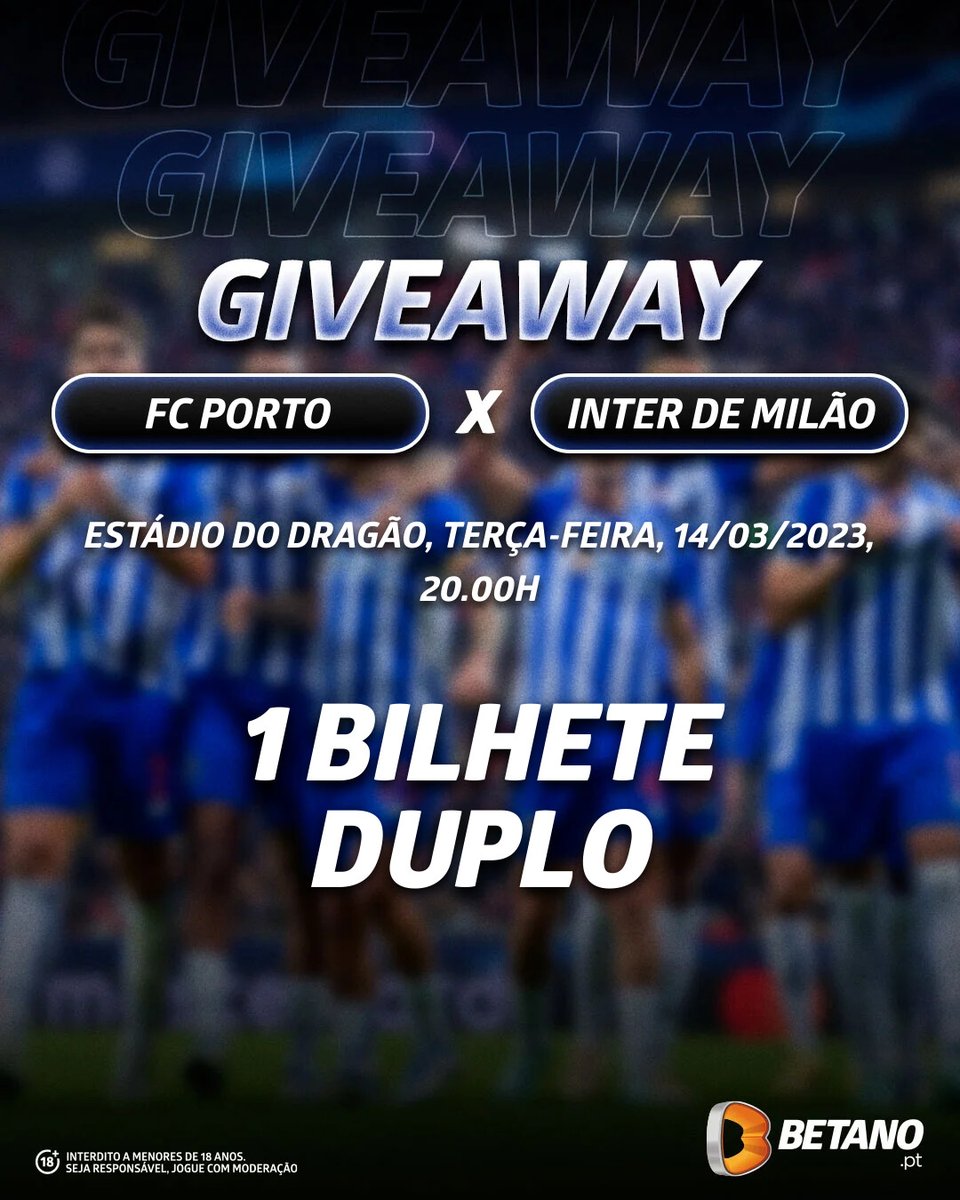 🚨 𝗚𝗜𝗩𝗘𝗔𝗪𝗔𝗬 🚨

A Dragão News e a Betano estão a oferecer 1 𝘽𝙞𝙡𝙝𝙚𝙩𝙚 𝘿𝙪𝙥𝙡𝙤 para o #FCPorto 🆚 Inter! 🤩

Só tens que:
1️⃣ Seguir a <a href="/Betano_PT/">Betano Portugal 🔞</a> e a <a href="/DragaoNews1893/">Dragão News 🇸🇻</a>
2️⃣ Dar retweet
3️⃣ Identificar um amigo

⚠️ O vencedor será anunciado hoje, às 20h!