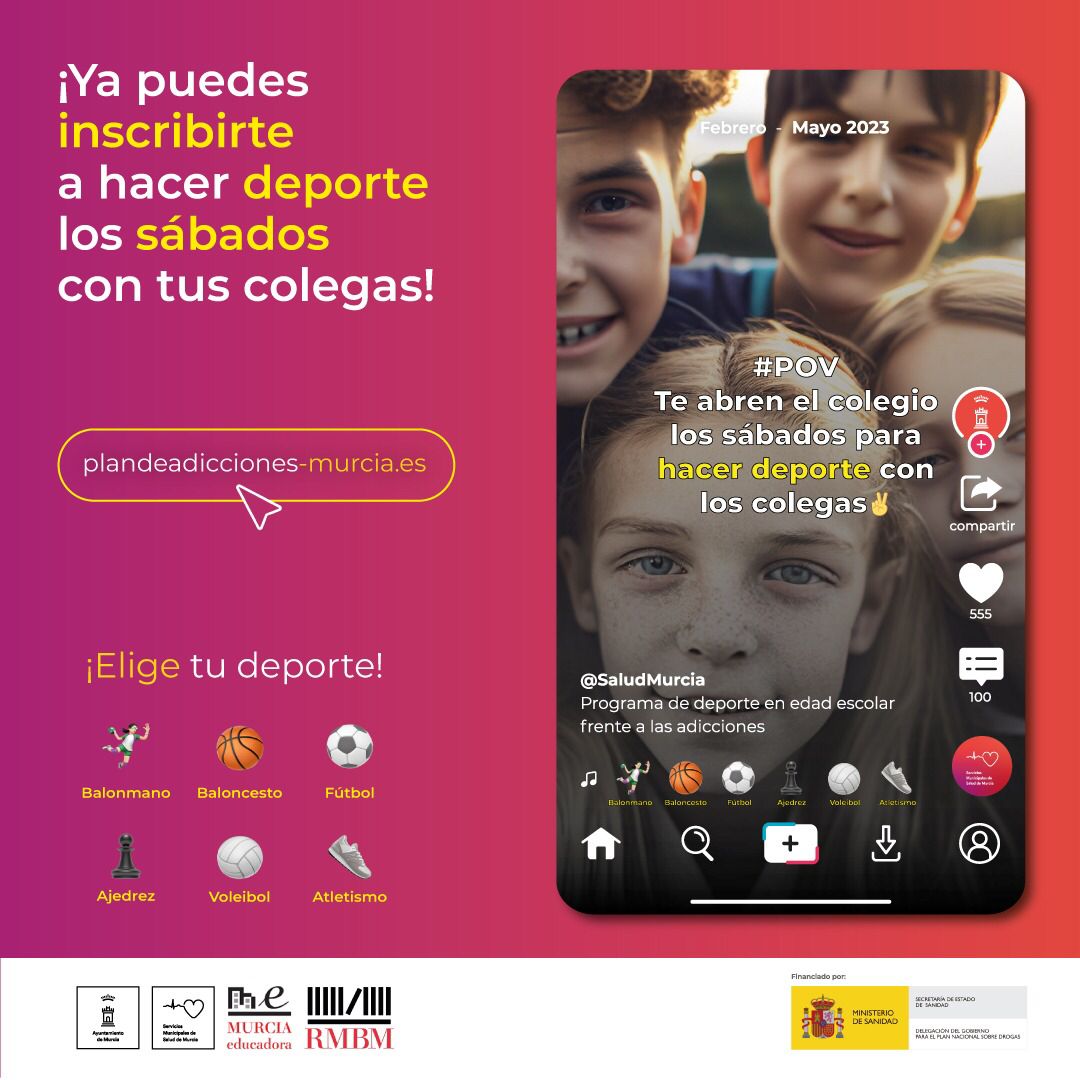 AytoSaludMurcia's tweet photo. 😎Espera, espera, espera..🤨 ¿No tienes plan para el sábado? 🙄 Tsss ¡¡nosotros te traemos la solución!! 😜Puede que ir al insti un sábado no te parezca buen plan, vale, lo sabemos…pero es que no es ir a clase, no, ¡¡¡es hacer deporte con tus colegas!!! 💃¿acaso hay algo mejor? https://t.co/h1NY2M45lZ