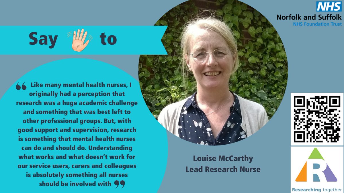 This Monday meet team member Louise. To find out more about research, follow the link nsft.nhs.uk/research, scan the QR code, or email researchinfo@nsft.nhs.uk. Sign up to be a participant at tinyurl.com/328k2v4j 
<a href="/NSFTtweets/">NSFT mental health</a> @NIHRCRNeoe
#mentalhealthnurse
