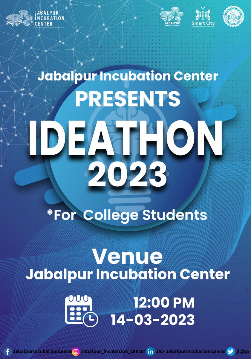 JIC is organizing ideathon for the college students  with the aim to create a startups ecosystem and provide a platform to the young entrepreneurs to present their ideas and to showcase their entrepreneur skills. 
#JabalpurIncubationCenter #incubationmasters #IM #JIC #Jabalpur