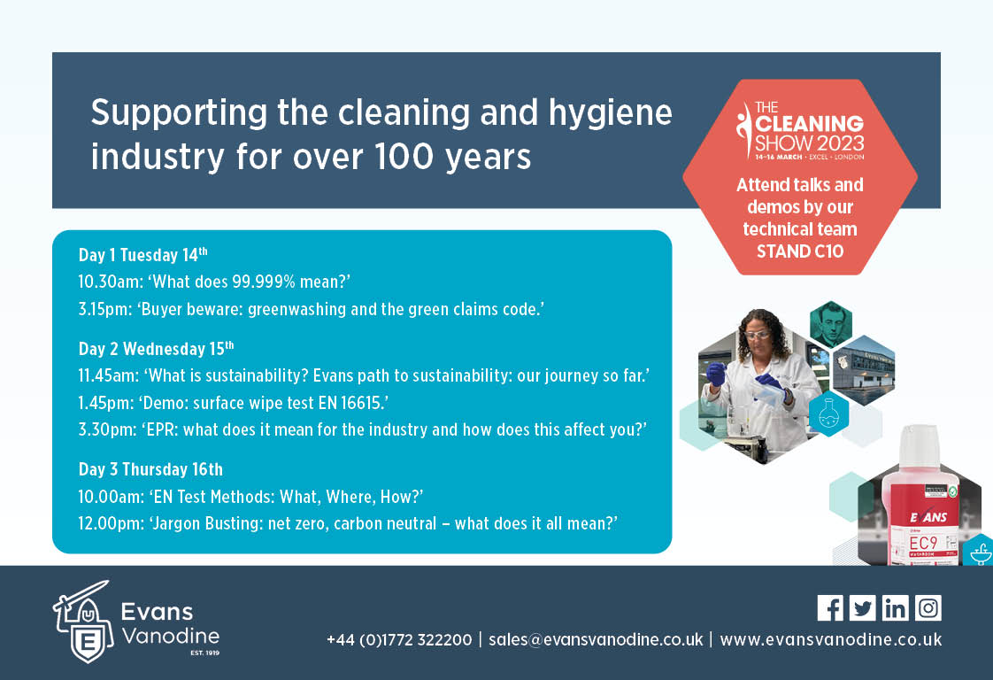 evansvanodine's tweet photo. If you're coming to #TheCleaningShow this week, don't forget to visit STAND C10 and attend our #TechnicalTalks and Demo #ExcelLondon #EnvironmentAndSustainability #Microbiology #ENTestMethods #Greenwashing #GreenClaimsCode #EPR #JargonBusting https://t.co/zbokUYje12