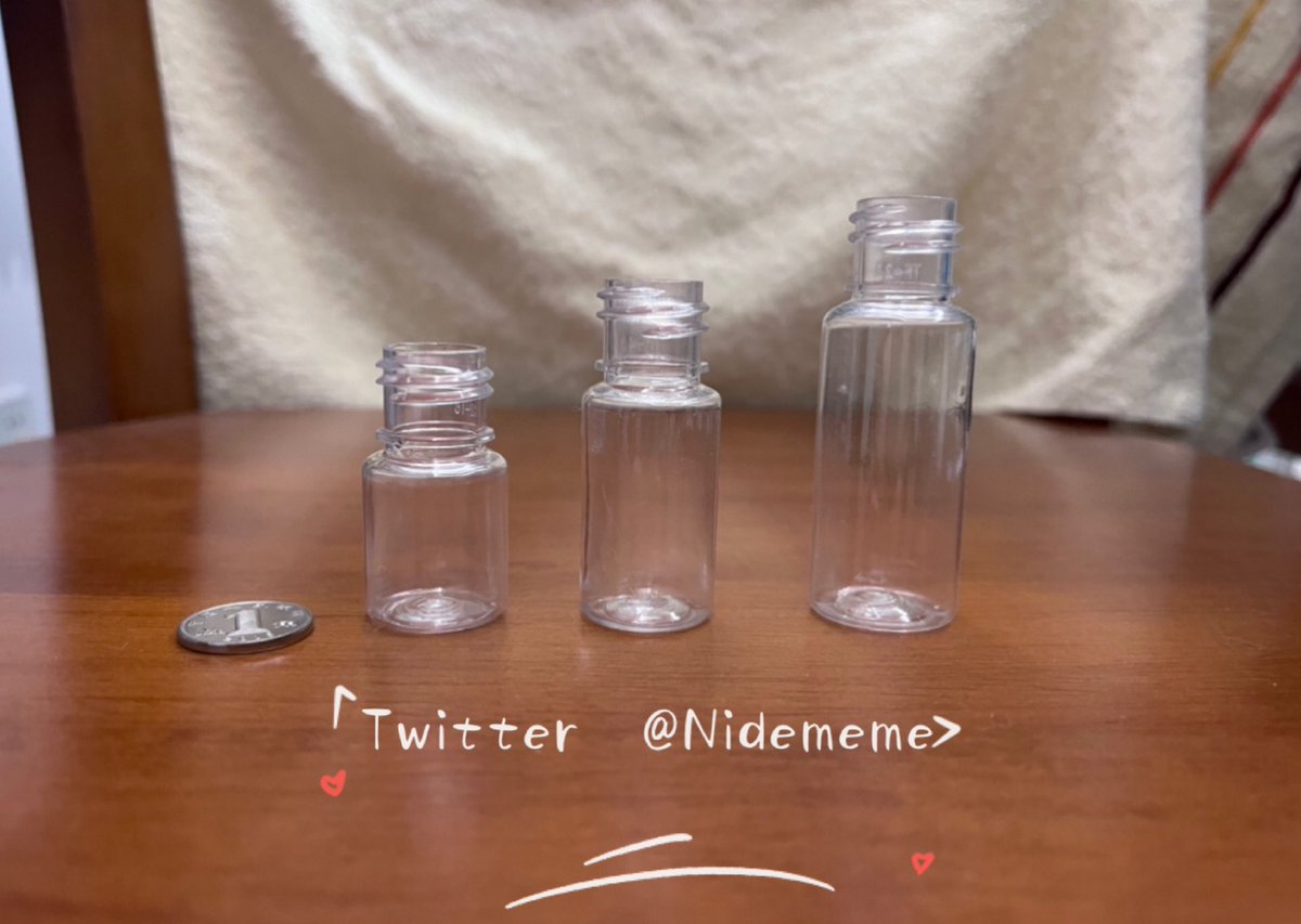 Nidememe's tweet photo. 这是大家问的比较多的一个问题～5ml-10ml-20ml实物对比图₍˄·͈༝·͈˄*₎◞ ̑̑
(参照物没找到一元钱硬币，倒是翻出了一角硬币，宝们将就一下🤣)
#原味卖家 #原味 https://t.co/OwrHz7XM0y