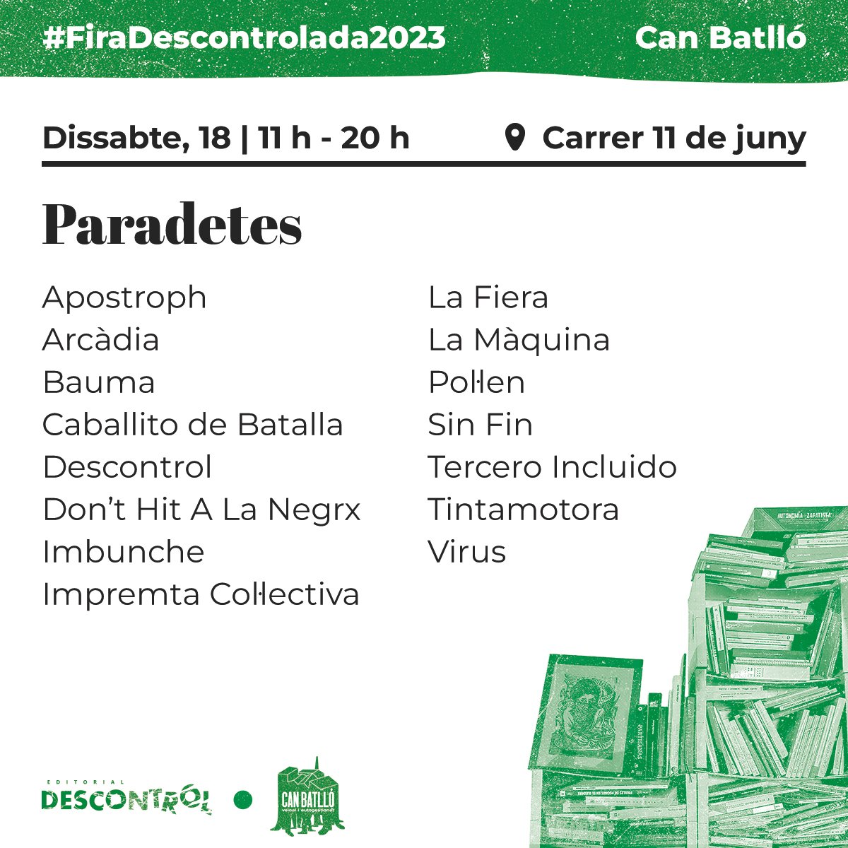 DescontrolEd's tweet photo. 🗓️ El dissabte 18 de març, des de les 11 h fins les 20 h, tindrem paradetes de llibres al carrer 11 de juny de @CanBatllo https://t.co/Cj6I931EI2