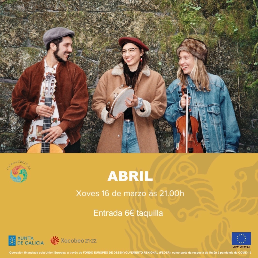 CasadasCrechas's tweet image. 🌾Xoves 16 de marzo | #ABRIL 🎻

Este trío vigués de música folk promete sorpresas!

Achegádevos a escoitar a Antón á guitarra, Claudia á voz e pandeireta e Marina ao violín 💛

#RedeGalegaMusicaAoVivo #AGADIC #FEDER