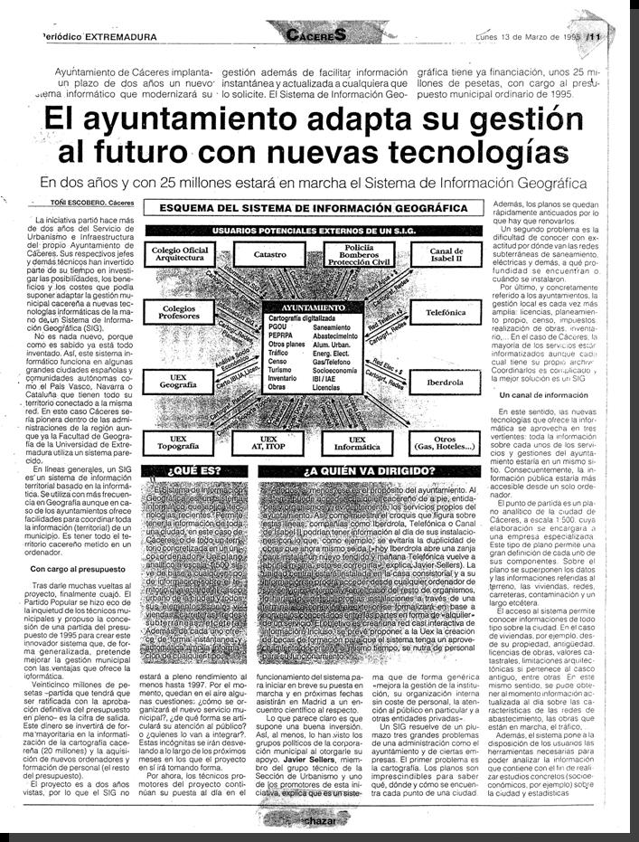 sig_caceres's tweet photo. 🎉13 de marzo de 1995. 
El periódico anuncia la creación del SIG del Ayuntamiento de Cáceres.
28 años después aquí seguimos. Hemos crecido y evolucionado hasta convertirnos en un referente, tratando de dar el mejor servicio. 
¡¡Gracias a todos los que habéis contribuido a ello!! https://t.co/4u4zcyDMD5