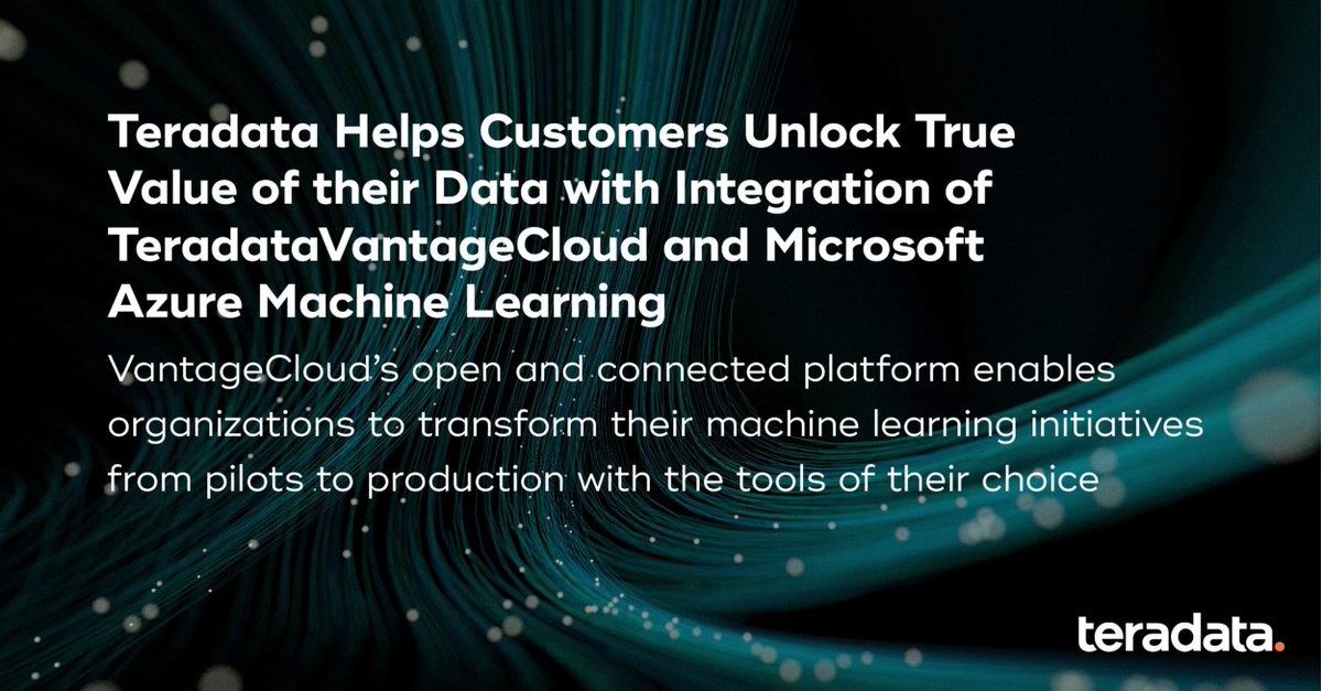 aaron_lolar's tweet photo. Get ready to unlock the full value of your data! Today, @Teradata announced their newest integration of #VantageCloud with @Microsoft #Azure Machine Learning. Read the press release and see how this pairing could transform you and your business:  https://t.co/3cba2Kw5ty https://t.co/bUkvB0LRng