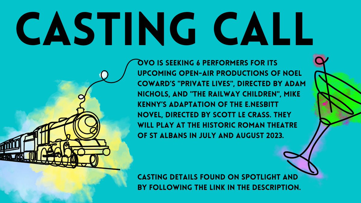 OVO at The Roman Theatre (@ovotheatre) on Twitter photo #CastingCall !
OVO is seeking 6 performers for its upcoming productions of Noel Coward’s PRIVATE LIVES, directed by <a href="/adamdnichols/">Adam Nichols</a>, and THE RAILWAY CHILDREN, directed by <a href="/le_crass/">Scott Le Crass</a>, at the Roman Theatre of St Albans in July and Aug 2023.<a href="/SpotlightUK/">Spotlight</a>
Details: bit.ly/424X4q6 #CastingCall !
OVO is seeking 6 performers for its upcoming productions of Noel Coward’s PRIVATE LIVES, directed by <a href="/adamdnichols/">Adam Nichols</a>, and THE RAILWAY CHILDREN, directed by <a href="/le_crass/">Scott Le Crass</a>, at the Roman Theatre of St Albans in July and Aug 2023.<a href="/SpotlightUK/">Spotlight</a>
Details: bit.ly/424X4q6