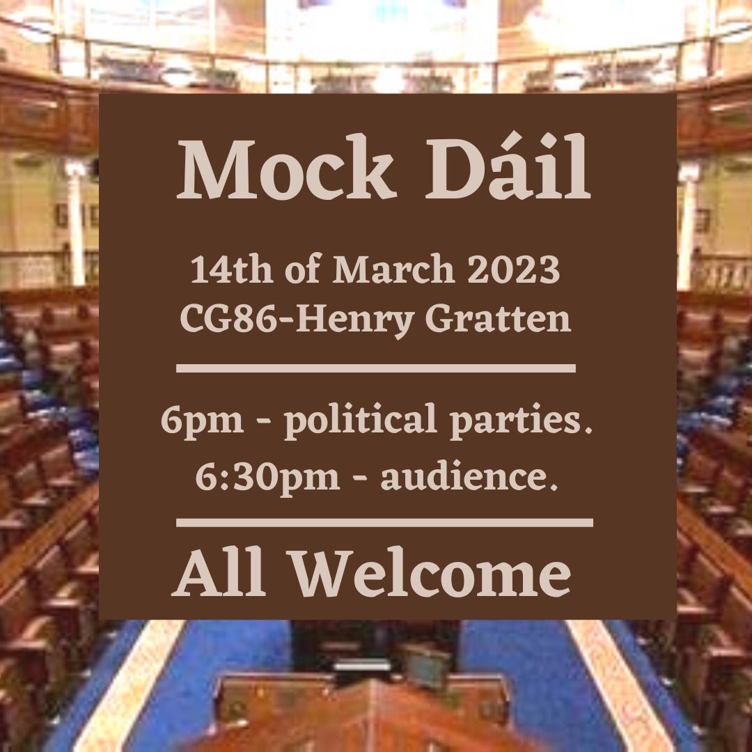 Come along to our Mock Dail Event in in CG86 tomorrow night 14th March at 6pm.<a href="/LawGovDCU/">Law and Gov DCU</a> 
You might event catch some unparliamentary language!
Donations will also be collected for the Red Cross Ukraine Appeal.