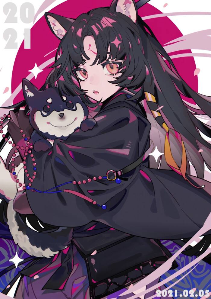 1girl animal ears dog ears long hair black hair japanese clothes looking at viewer  illustration images