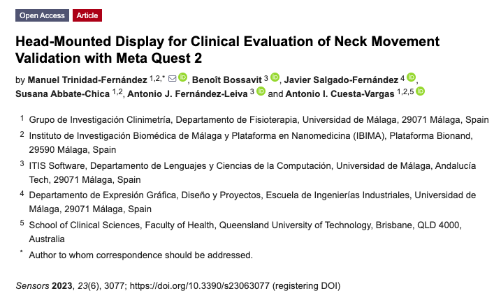 mtrinidad505's tweet photo. NEW PAPER OUT🔥🥽! Validación del sensor de las gafas RV Meta Quest 2. Aportando un poco más a la literatura sobre esta herramienta accesible de intervención. Primer artículo colaboración @CatedraFisUMA 🤝 @Cat_videojuegos! Enhorabuena al gran equipo por el trabajo! #iPTreality https://t.co/owQSN0EriP
