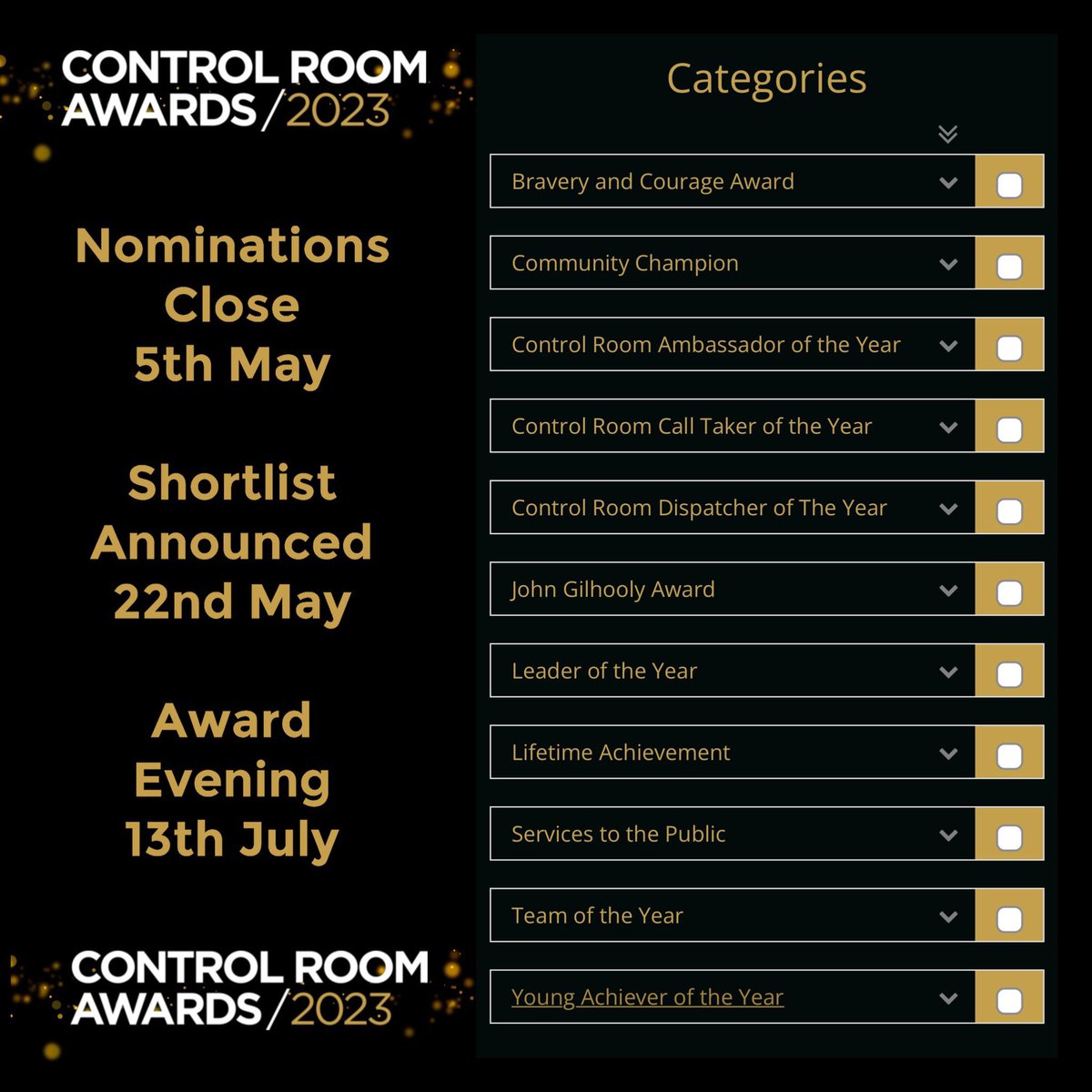 CR_Awards's tweet image. We founded the Control Room Awards after witnessing call takers, dispatchers and leaders handling high volumes of incidents with unbelievable skill &amp;amp; care.

They deserve to be recognised. Join us. Celebrate the #UnsungHeroes 

Nominations are open! ControlRoomAwards.com