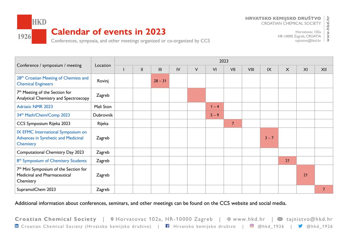 hkd_1926's tweet photo. Where to go in 2023? Which events to attend? Be sure to check out our Calendar of events in 2023 - both organized and co-organized by CCS.

#events #CCS #croatianchemicalsociety #hrvatskokemijskodrustvo #hkd1926 https://t.co/QW4793D7vU