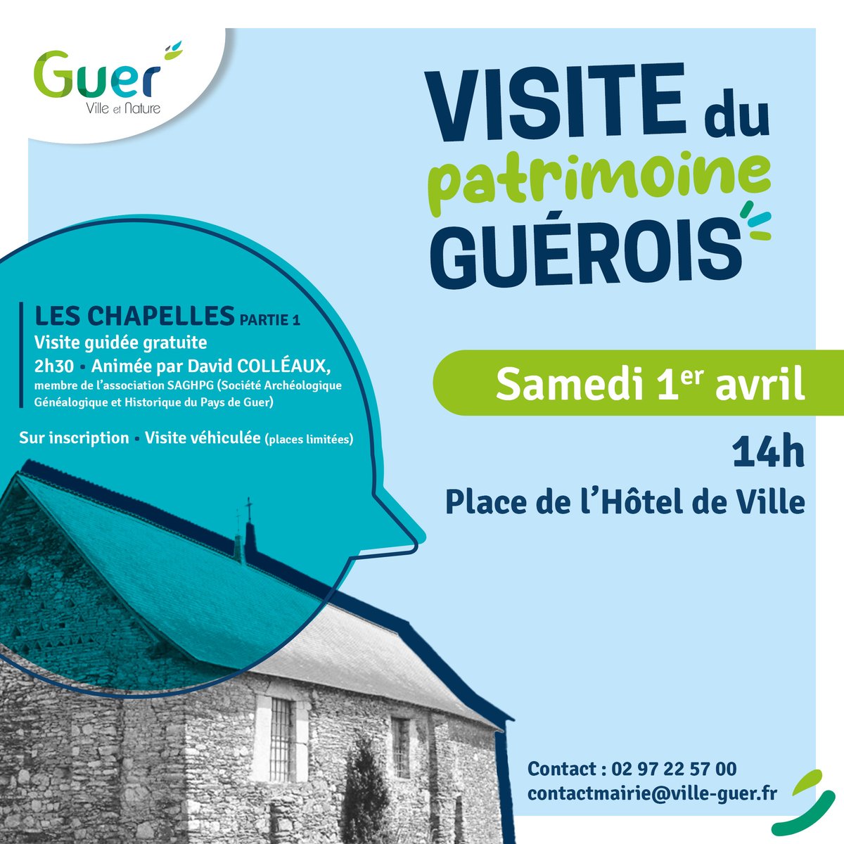 Guer56380's tweet photo. @Guer56380 vous propose de découvrir les chapelles (partie 1) guéroise. La visite sera animée par D. Colléaux, membre SAGHPG et sera véhiculée = inscription OBLIGATOIRE🙂(contactmairie@ville-guer.fr ou 02 97 22 57 00). RDV samedi 1er avril, place de l'Hôtel de Ville à 14h ! 😎 https://t.co/sTG7dgYJOR