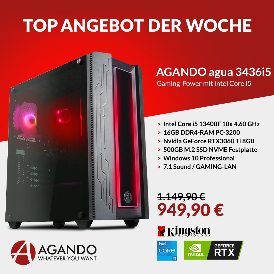 Unser #TopAngebot der Woche ist ab jetzt online!
&gt;&gt;&gt; bit.ly/41M5BhB

Sichere dir deinen Gaming-PC mit Intel Core i5 13400F 10x 4.60 GHz, 16GB DDR4-RAM, Nvidia GeForce RTX3060 Ti 8GB, 500GB M.2 SSD NVME, Windows 10 Pro, 7.1 Sound und GAMING-LAN zum Angebotspreis!

#Agando