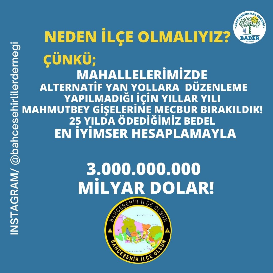 4 farklı belediye sınırlarında olan mahallelerimiz alternatif yan yollar geliştirilmediği için

<a href="/RTErdogan/">Recep Tayyip Erdoğan</a>
 <a href="/UABakanligi/">T.C. Ulaştırma ve Altyapı Bakanlığı</a>
<a href="/mansuryavas06/">Mansur Yavaş</a>
  <a href="/meral_aksener/">Meral Akşener</a>
 <a href="/kilicdarogluk/">Kemal Kılıçdaroğlu</a>
 <a href="/ekrem_imamoglu/">Ekrem İmamoğlu</a>
<a href="/vekilince/">Muharrem İNCE</a>
 #bahcesehirilceolsun #marmaray #İstanbul 
#bahcesehir #esenkent #ispartakule