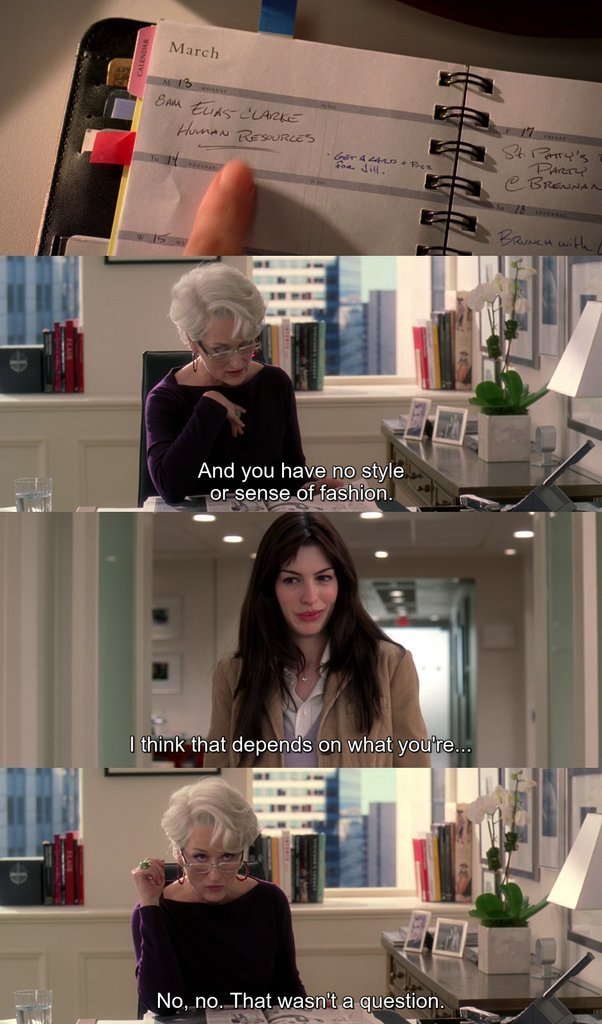 Mar 13th 2006 - Andy Sachs attends an interview for the position of personal assistant to Miranda Priestly, the editor-in-chief of Runway magazine #TheDevilWearsPrada