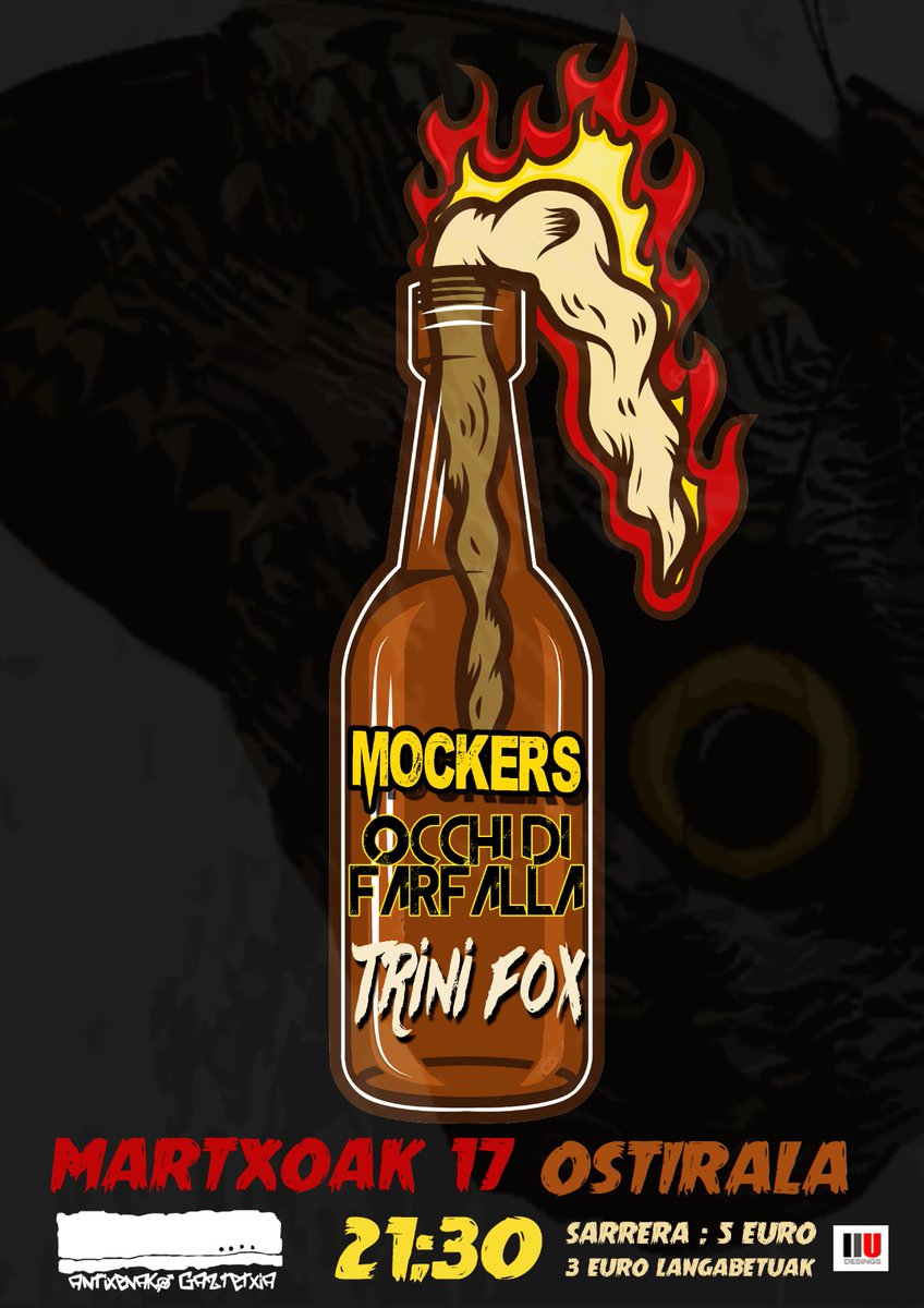 antixenaonati's tweet photo. 💥KONTZERTUA💥
Martxoak 17xan MOCKERS, OCCHI DI FARFALLA eta TRINI FOX taldien kontzertua eukiku 21:30ttan hasitta. Ezin dozue galdu!

@mockersrock @TriniFoxTaldea https://t.co/0sdClFFuC1