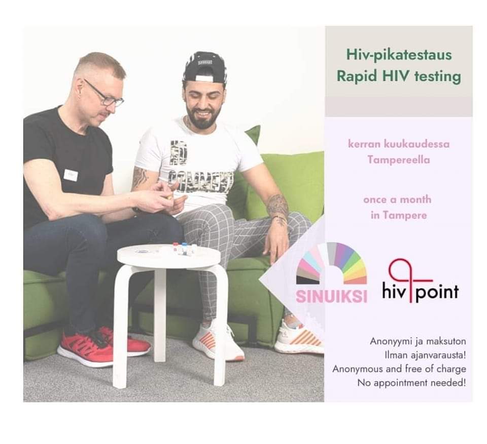 Ke 15.3. klo 12–16 hiv-pikatestausta ilman ajanvarausta

Wed 15.3. at 12 to 4 pm Rapid HIV testing in Tampere without an appointment

Info yhdistys.sinuiksi.fi/uutiset/hiv-pi…

Sinuiksi ry järjestää @Hivpoint toteuttaa <a href="/Pirha_fi/">Pirkanmaan hyvinvointialue</a> mahdollistaa

<a href="/MansePride/">Manse Pride</a> <a href="/Tampere_/">Tampereella tapahtuu</a> pic.x.com/S5j348iGV2
