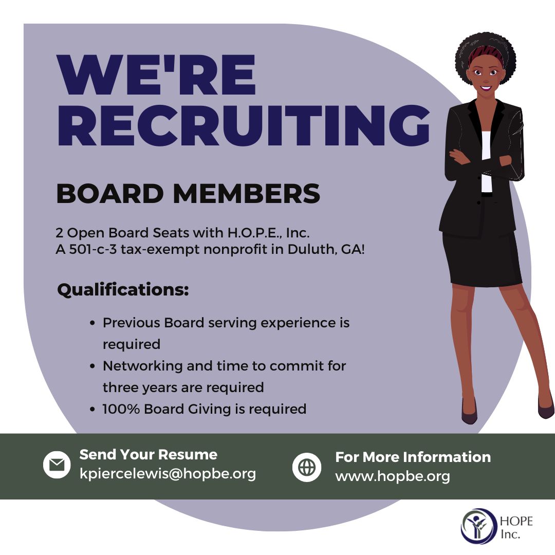 It’s Women’s History Month and we are looking for a few exceptional women (men too!) to join our board. Be a force for good by participating in HOPE’s mission. Please submit your resume to kpiercelewis@hopbe.org for consideration.
