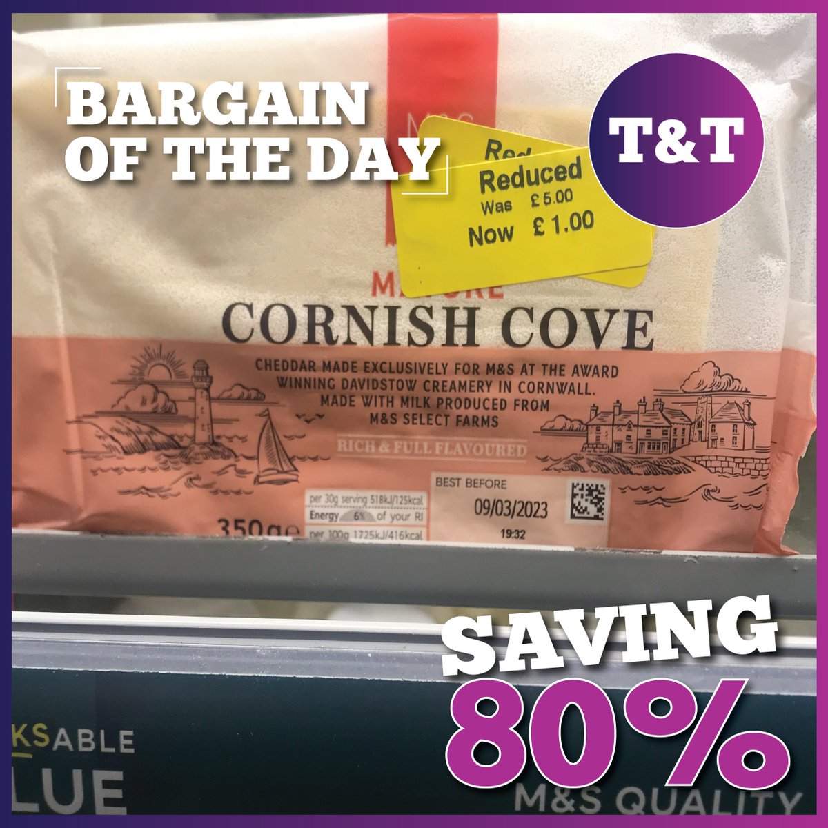 On stocking up for a weekend of 6 nations rugby, we spotted some award winning cheese at a bargain price in <a href="/marksandspencer/">M&S</a> last week.  Needless to say, it didn't last long beyond the "Best before" date or indeed half time!! #frugal #britishcheese #deals #bargain #cornishcove