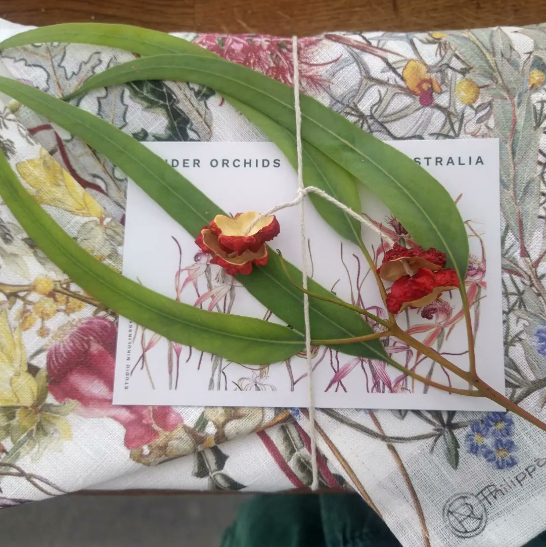 jetlagmama's tweet photo. Last night I saw @bjork perform Cornucopia as part of the @perthfest so incredible. I was able to get biscuits to her wrapped in a tea towel decorated with WA wildflowers by Philippa Nikulinksy and leaves and red caps from Eucalyptus erythrocorys #bjork #cornucopia #perthfest https://t.co/pPMSsNKHpG