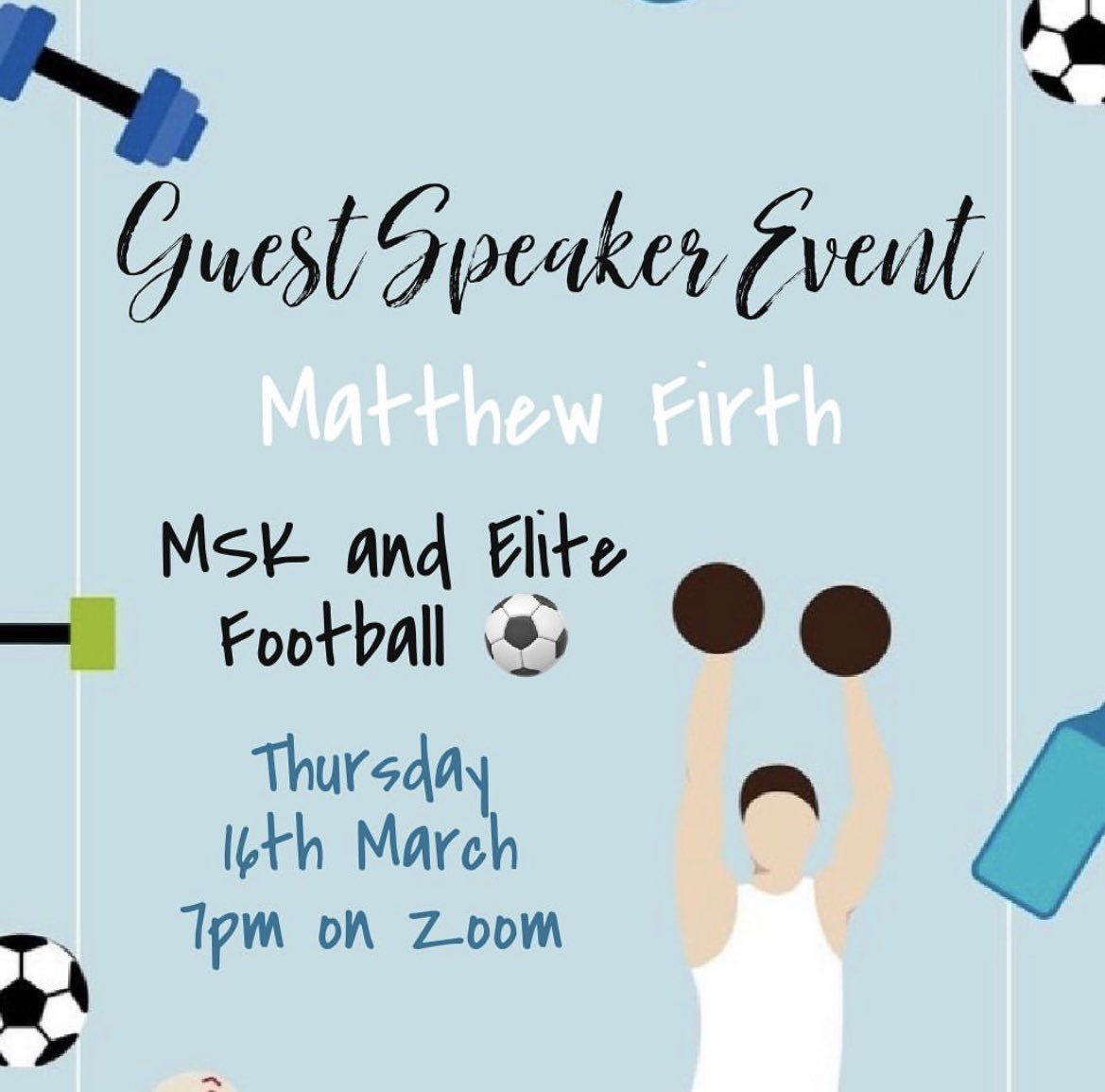 Exciting Opportunity for society members 📣 We have a lovely guest speaker joining us on the 16th March to give us a talk on MSK and Elite Football! The link will be posted in the society chat shortly 👀 Hope to see a lot of you there! 🥳