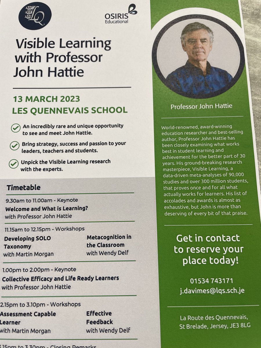 LesQuennevaisSc's tweet image. So proud and excited to welcome education leaders from across the Island as we host world renowned educationalist Professor John Hattie ⁦@osirisedu⁩ A day to challenge &amp;amp; stimulate our thinking ⁦@RobSainsbury4⁩ ⁦@innagardiner⁩ ⁦@SeanFORegan⁩