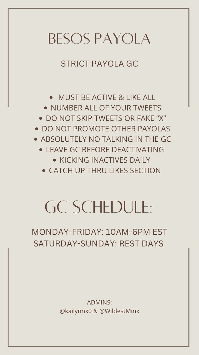 RECRUITING FOR BESOS PAYOLA PROMO GC💋

⁃RT and REPLY 
⁃MUST follow: <a href="/BESOSPAYOLA/">BESOS 💋</a>  
⁃kicking inactives daily
-cu thru our likes section
-STRICTLY for actives only!

more rules in picture below⤵️