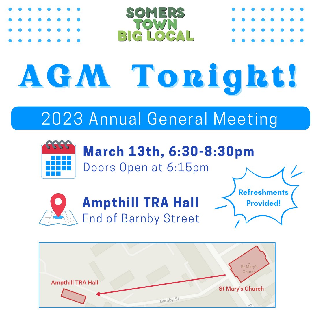 Reminder: Tonight is our AGM on the Ampthill Estate behind Euston Station. All residents and workers in Somers Town are invited to attend and we've got a lot of updates to provide! Please remember to bring proof of address if you're a resident in order to vote during elections.