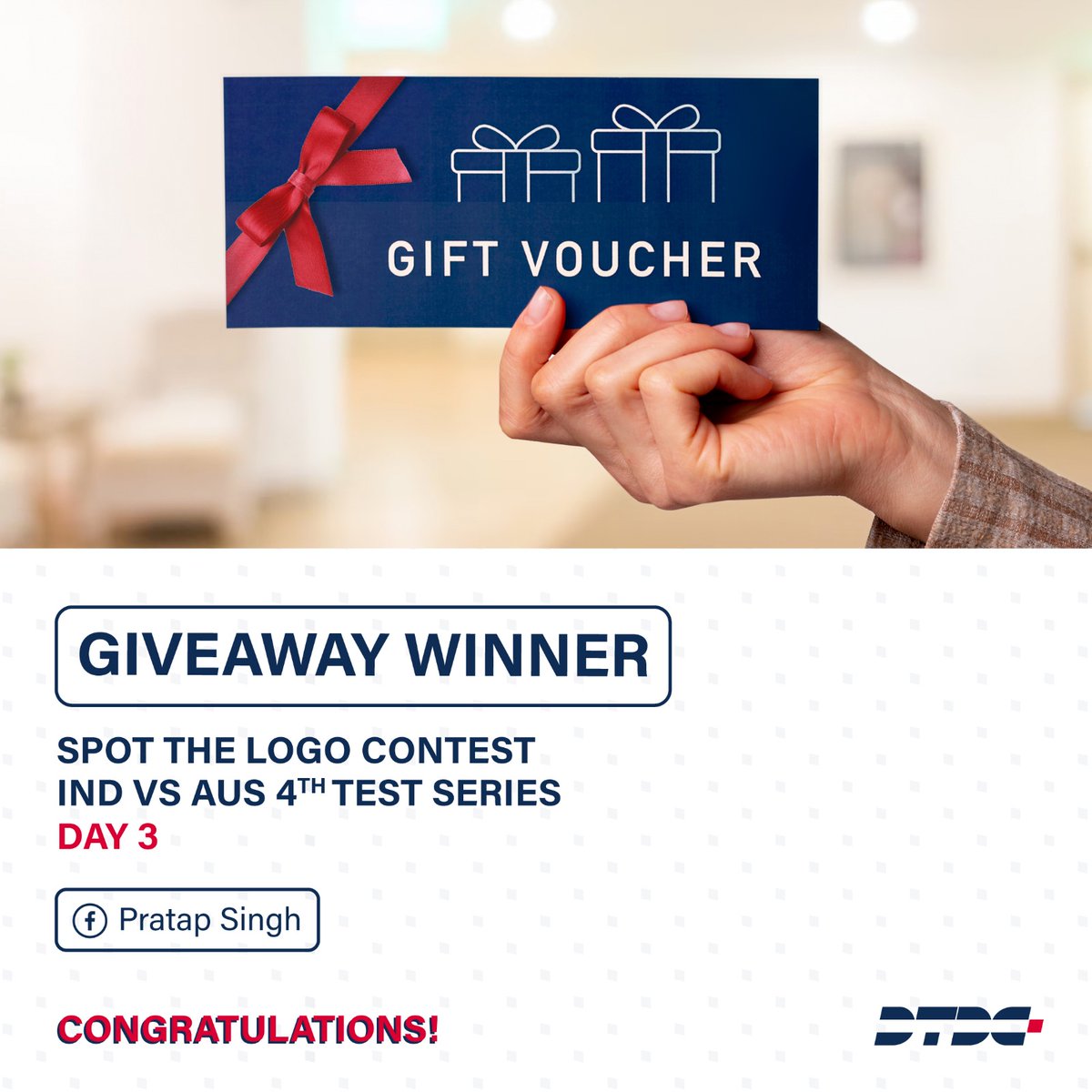 DTDCIndia's tweet photo. A huge congratulations to our winner of Spot the Logo Contest for Day 3 of Ind vs Aus 4th Test Series. 🎊
#Contest #Giveaway #Winner #NewIdentity #IndVsAus #4thTestSeries #DTDC #AmazonVoucher https://t.co/rORByG7SIy