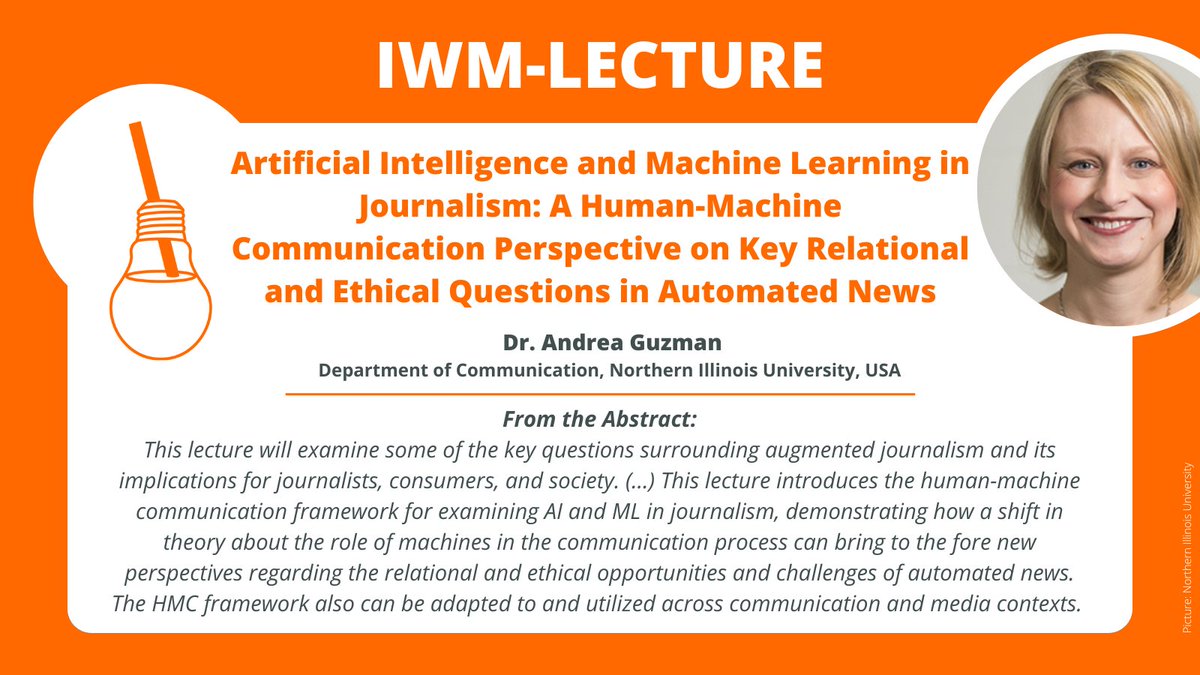IWMtue's tweet photo. 📢SAVE THE DATE📅: As part of our #IWMLectures series Dr. Andrea Guzman @TeachGuz will give a talk about #AI &amp; #ML in #journalism on March 23rd, 2pm (UTC+1). 
The lecture will be held online, so feel free to DM or email us for the link! presse[at]iwm-tuebingen[dot]de📨 https://t.co/M4QmyGw0dq