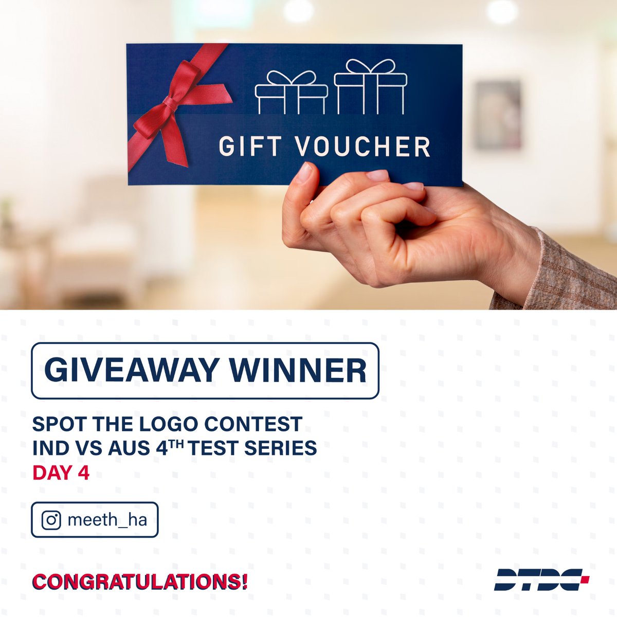 DTDCIndia's tweet photo. A huge congratulations to our winner of Spot the Logo Contest for Day 4 of Ind vs Aus 4th Test Series. 🎊

#Contest #Giveaway #Winner #NewIdentity #IndVsAus #4thTestSeries #DTDC #AmazonVoucher https://t.co/pTUxtUhN4E