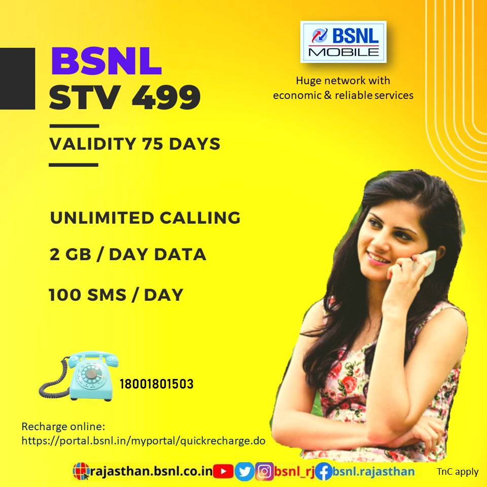 BSNL_RJ's tweet photo. Recharge with #BSNL #STV499 & get 2GB/Day data n #UnlimitedCalling for 75 days.
#RechargeOnline today:- https://t.co/tR0ukBoJoC
#BSNLRecharge #ConnectingTheUnconnected https://t.co/iPnZzK76uM