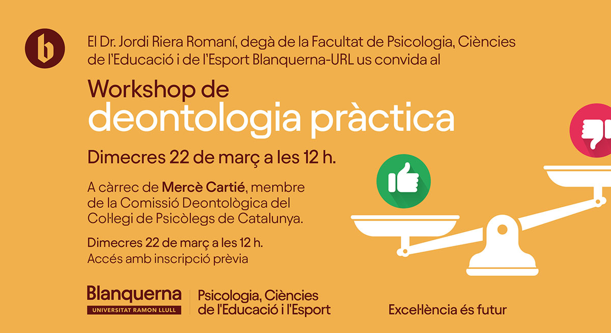 BlanquernaFPCEE's tweet photo. ⚖️Vols saber més dels codis ètics i de les normes i deures dins de les professions de l'àmbit de la #psicologia?

🟢Vine al nostre proper #workshop, a càrrec de Mercè Cartié, membre de la Comissió Deontològica del Col·legi de Psicòlegs de Catalunya.

🔗https://t.co/LKMomVYmpl https://t.co/uv6BdZLP4g