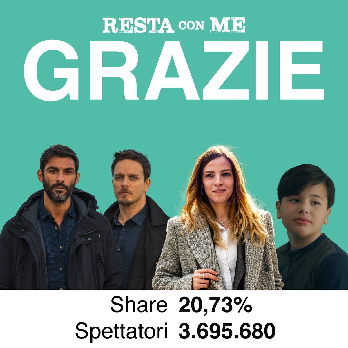 Un pubblico sempre più numeroso ha seguito le vicende di Alessandro, Paola e Diego. Con uno share del 20,73% "Resta con me" si conferma in vetta nel prime time di domenica per la quarta volta consecutiva!

L’appuntamento con la quinta puntata è per domenica 19 marzo
#RestaConMe
