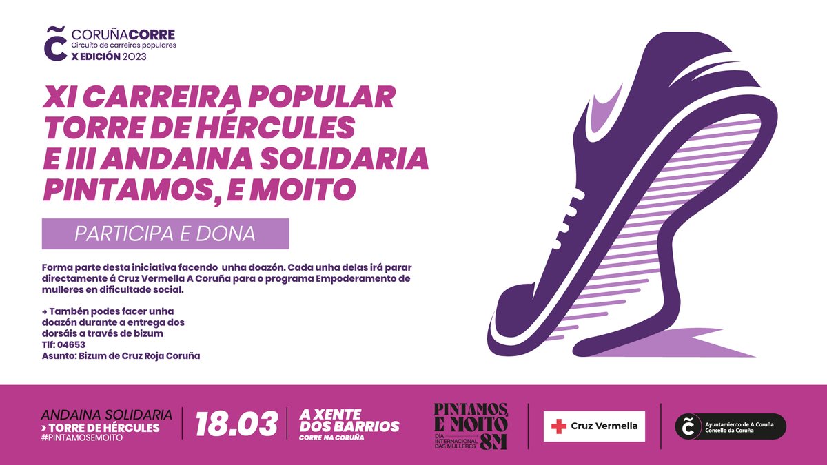 coruna_social's tweet photo. ♀️ Únete á III Andaina solidaria #PintamosEMoito!

🟣 Nesta edición o recadado irá destinado á @CruzRojaCoruna e o seu programa ‘Apoderamento de mulleres en dificultade social’.

✍️https://t.co/p7C1IIRU17 

Contamos contigo este sábado, 📅 18 de marzo! https://t.co/Ff2P0TieGT