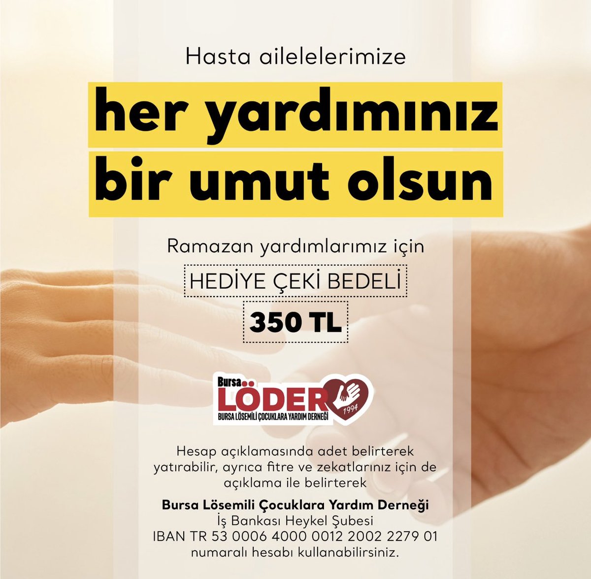bursaloder1994's tweet photo. Ramazan ayında, bu sene de sizlerin desteği ile, derneğimize kayıtlı ihtiyaç sahibi ailelerimize destek olmak istiyoruz.
Aynı hesap numarasını, “fitre, zekat” için de kullanabilirsiniz.
#lösemi #kanser #bursaloder
#löderumuttur #bursaderneğinesahipçık #ramazan #fitrezekat https://t.co/mNeKSg07Yr