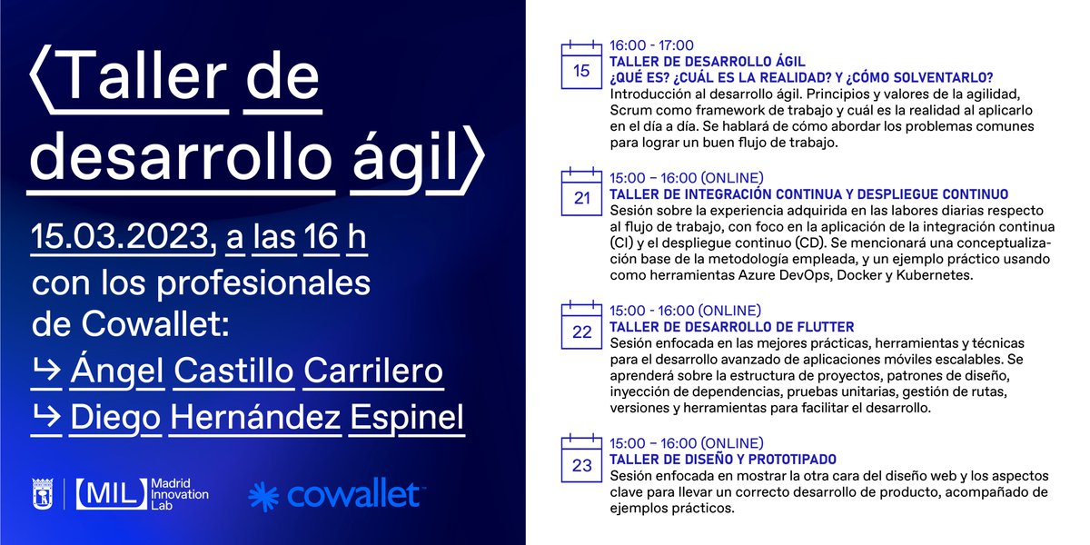 milmadrid_'s tweet photo. 📢 El miércoles arrancan los #Talleres sobre desarrollo ágil con los profesionales de #Cowallet:
▶️ 'Desarrollo ágil ¿Qué es? ¿Cuál es la realidad ? y ¿Cómo solventarlo?'.
🗓️ 15.03 a las 16 h📍MIL
🚩 +Info. y REGISTRO 👉 https://t.co/kQIdh396B3
#Scrum #Agile #Innovation https://t.co/Y3LIiOOEil