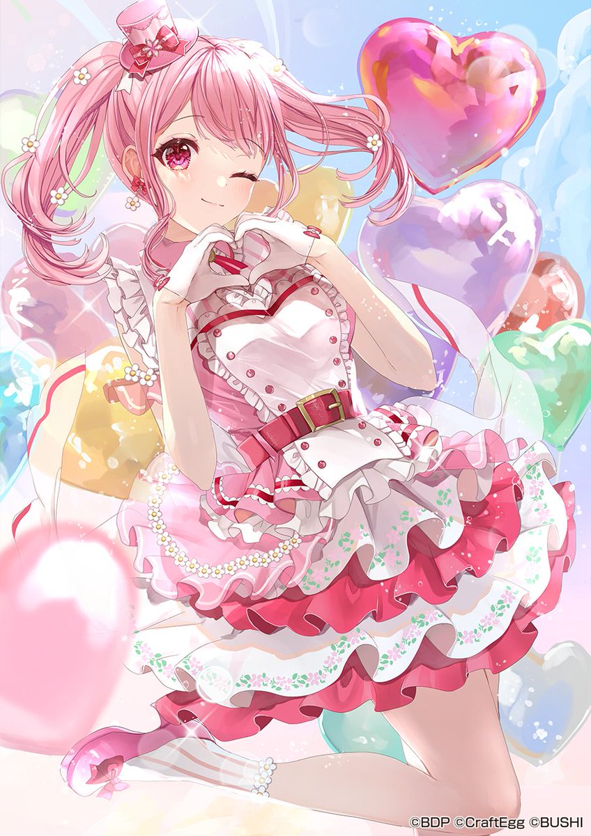 maruyama aya 1girl pink hair solo one eye closed twintails heart pink eyes  illustration images