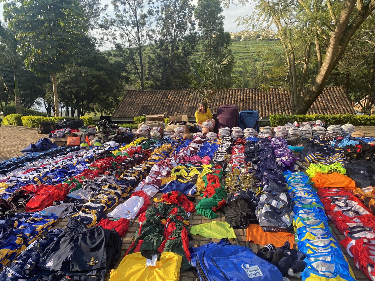 RwandanRugby's tweet photo. Rwanda tour is looming. As ever on the look out for kit. Can anyone help? We need balls, pumps, first aid kit, boots, shorts, team sets of jerseys,  scrum caps, whistles, tag belts, old kit bags etc etc! Picture shows what we took last year!! https://t.co/uxyTA3ju8S