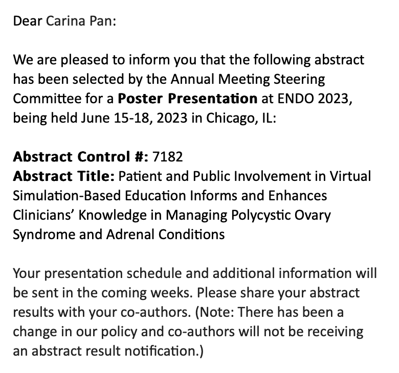 Congratulations <a href="/CarinaPSC/">Carina Pan</a> for getting a presentation at #ENDO2023. A prestigious achievement for a #medicalstudent to showcase their work at this international forum.🙌

Special thanks to <a href="/TheEndoSociety/">Endocrine Society</a> for providing the platform to share our #PCOS &amp; #adrenal #MedEd work.🙏