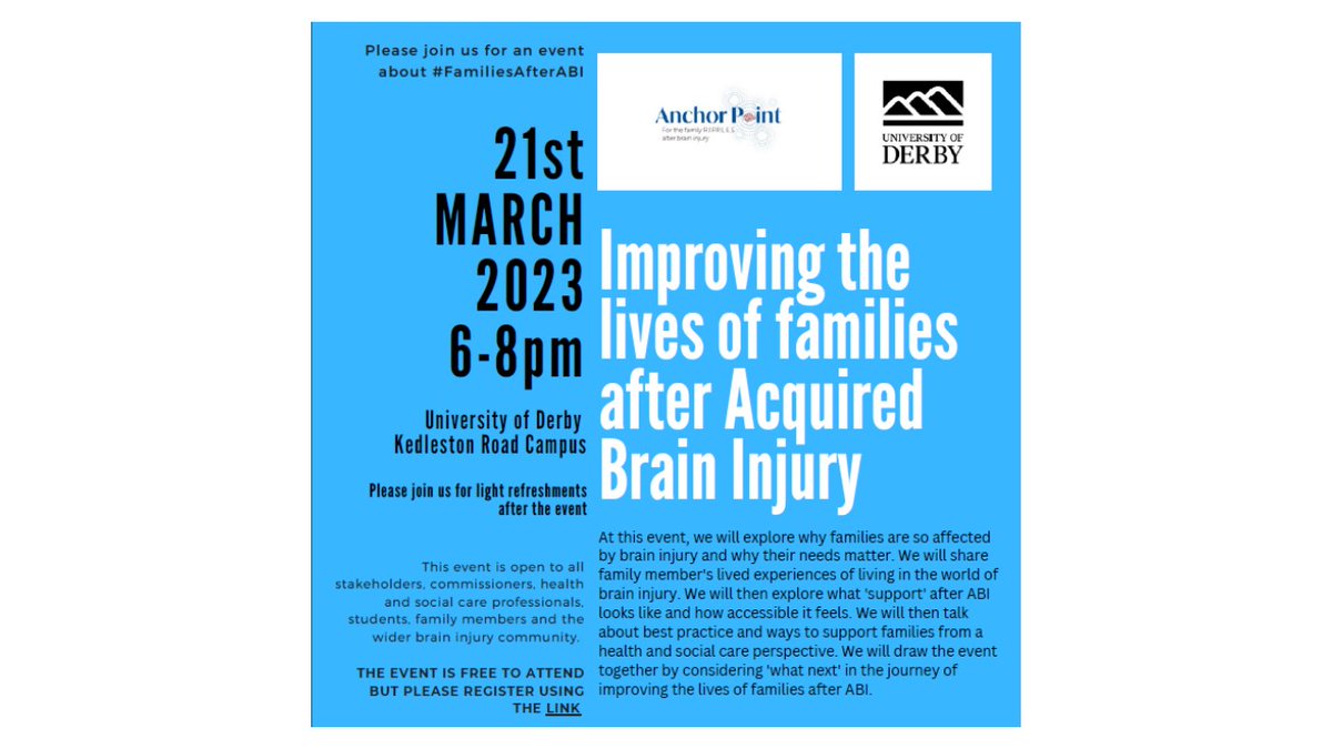 Please join us for an event about #FamiliesAfterABI exploring why families are so affected by brain injury. Open to stakeholders, commissioners, health professionals, students, family members and the public: Click here to register: app.geckoform.com/public/#/moder