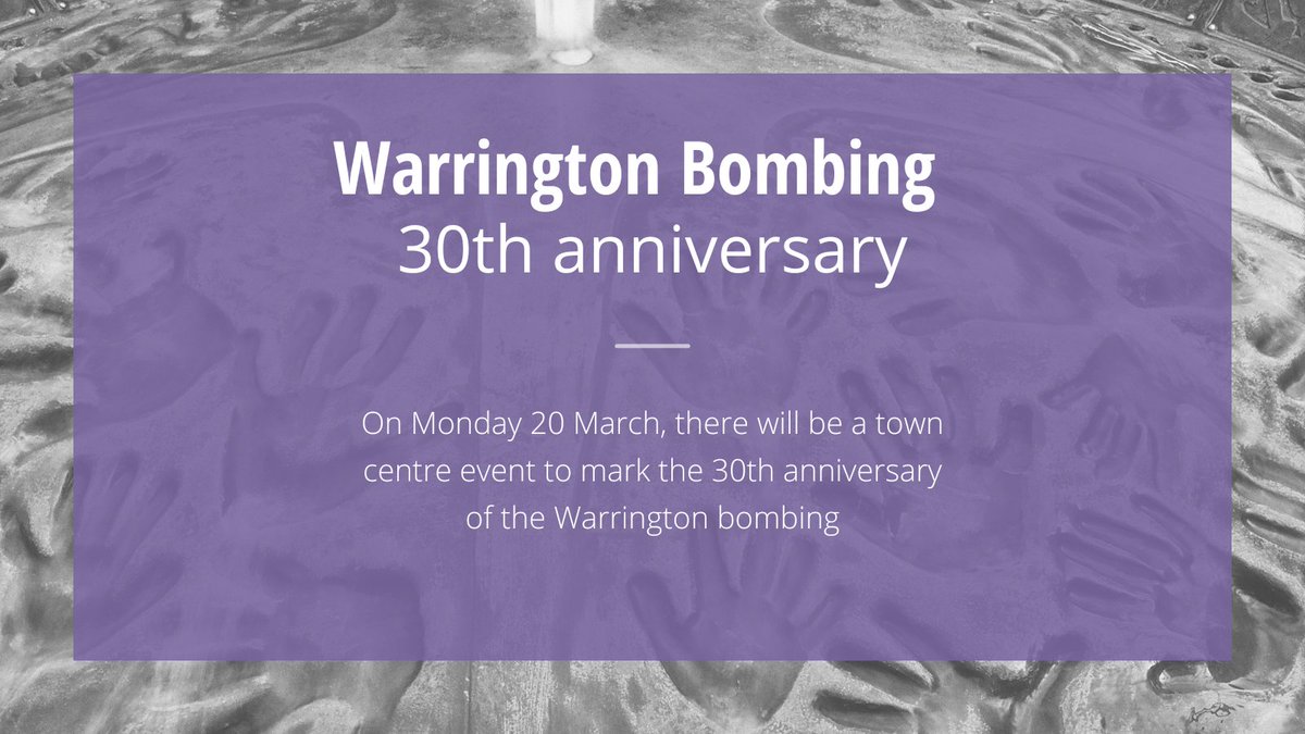 On Monday 20 March, we will remember the 30th anniversary of the Warrington Bombing on Bridge Street. As part of the day’s reflection, there will be a town centre event, with a number of road closures in place. Find out more: orlo.uk/BBmw3