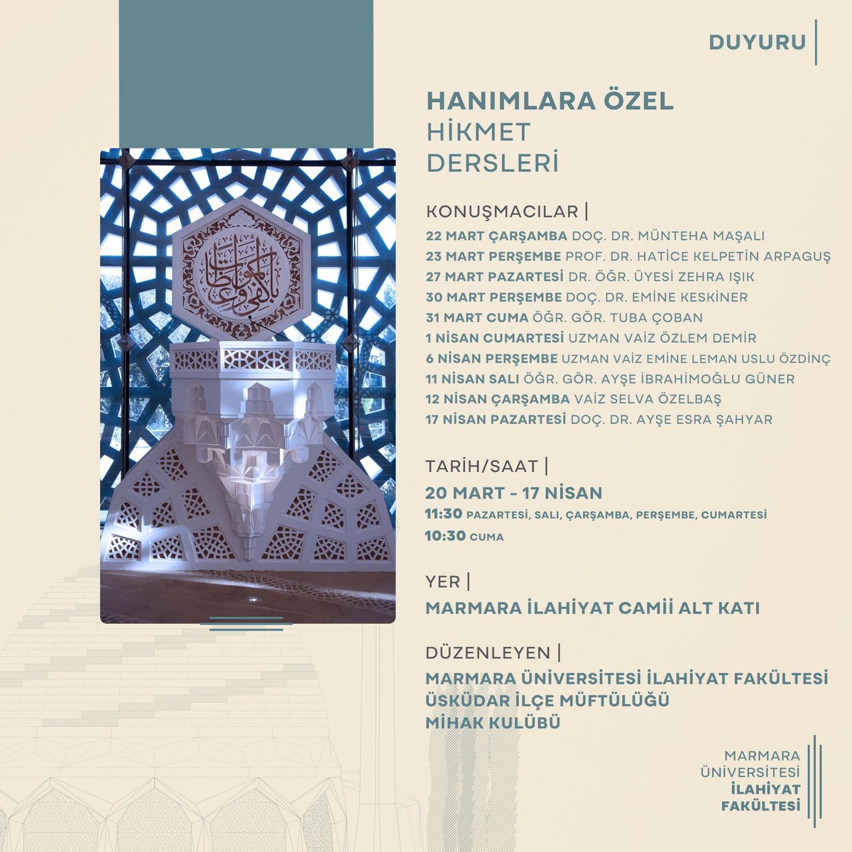 | Duyuru

Hanımlara Özel Ramazan Mukabelesi ve Hikmet Dersleri

20 Mart - 17 Nisan
Marmara İlahiyat Camii Alt Katı

#marmarailahiyat