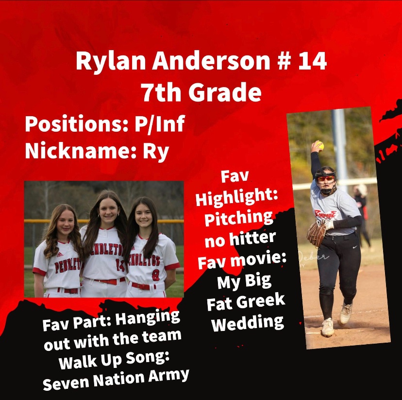 Last up for our meet the team is 7th grader Rylan Anderson. Rylan will add another arm to our pitching staff. We are looking forward to watching her improve and gain confidence this season. Welcome, #14, and we can't wait for a great year!