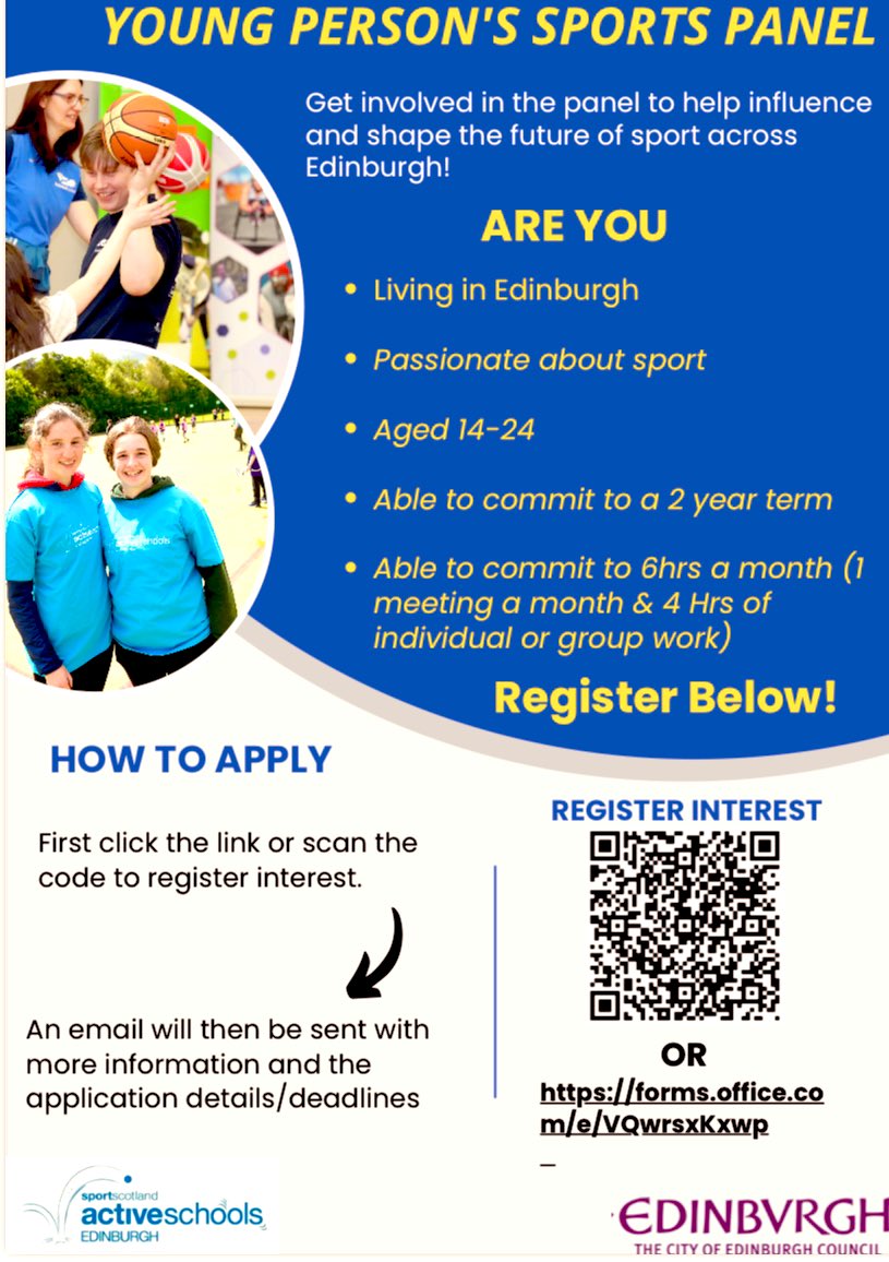 ActiveSchoolsED's tweet photo. ⭐️ Edinburgh’s Young Person Sports Panel⭐️

Get involved in the panel to help shape the future of sport in Edinburgh!

Register interest below!

https://t.co/warZvsikJo

@sportscotland @LDS_Sport @SDS_sport @Edinburgh_CC @CSH_Edinburgh https://t.co/bs32Ze91Wq
