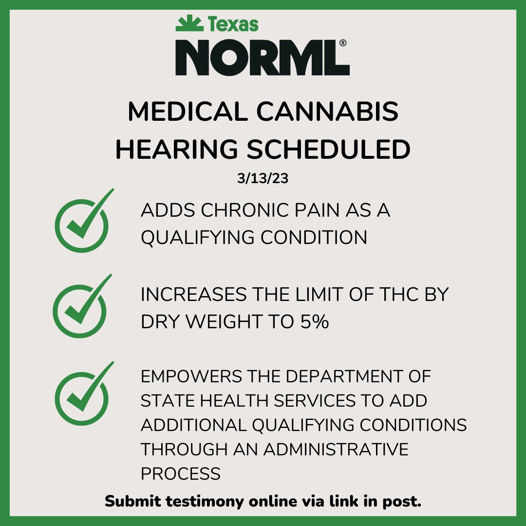 TexasNORML's tweet photo. Medical cannabis hearing scheduled in the #Texas House Public Health Committee! This bill is expected to advance quickly. We encourage fellow Texans to submit their support virtually. #TexasNORML #NORML #TXLege

Details &amp; how to submit virtual testimony: https://t.co/hHJsrQduwd https://t.co/TkSxStrnPu