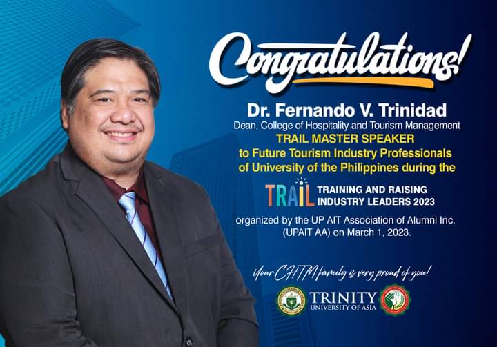 pongtri's tweet photo. CHTM Dean Dr. Pong Trinidad shares expertise with future tourism industry professionals of UP.
 
College of Hospitality and Tourism Management Dean Pong Trinidad was invited as a panelist in the Training and Raising Industry Leaders (TRAIL) 2023 organized by the UP AIT  Tourism. https://t.co/cETiAQBhj5